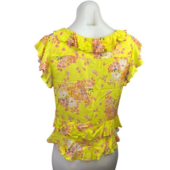 Anthropologie Maeve Yellow Pink Floral Ruffle Deep V Button Up Blouse Top Sz 4 - Picture 2 of 5